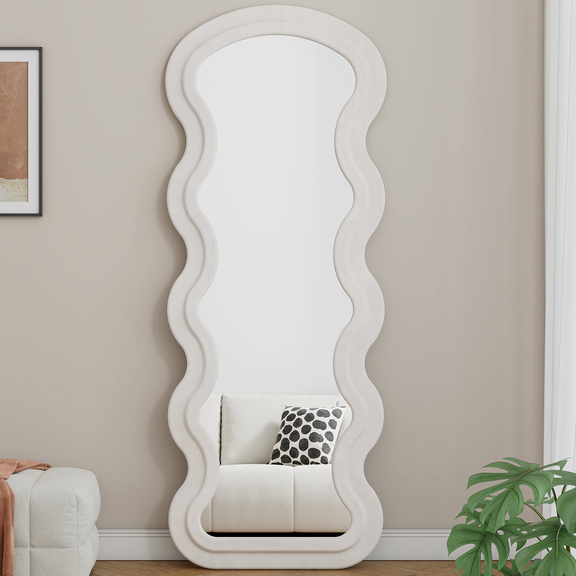 Flannel Full Length Wave  Floor Mirror  For Bedroom Living Room Hanging Or Against The Wall  White