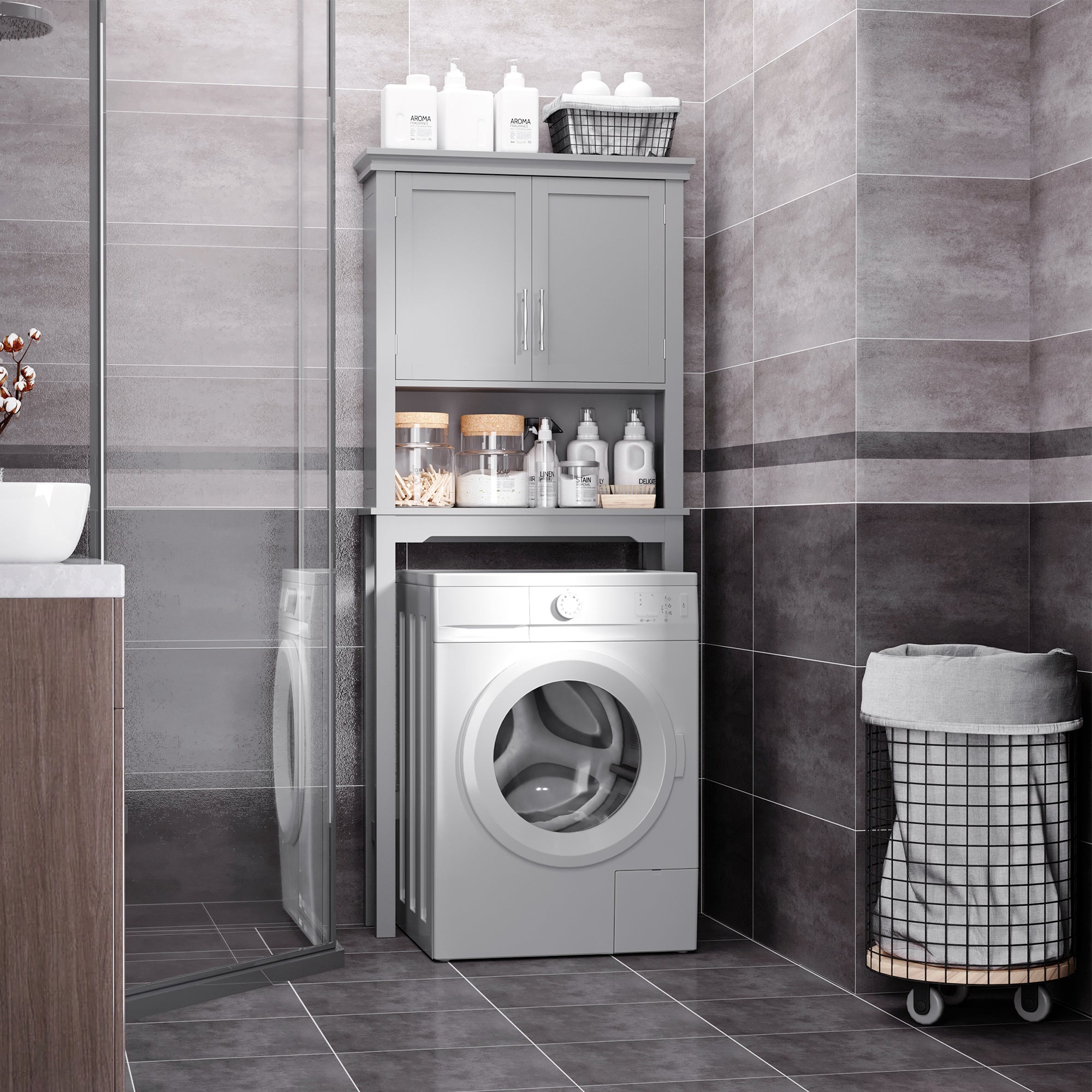 Modern Over-Toilet Storage Cabinet – Double Door Bathroom Organizer (Grey)