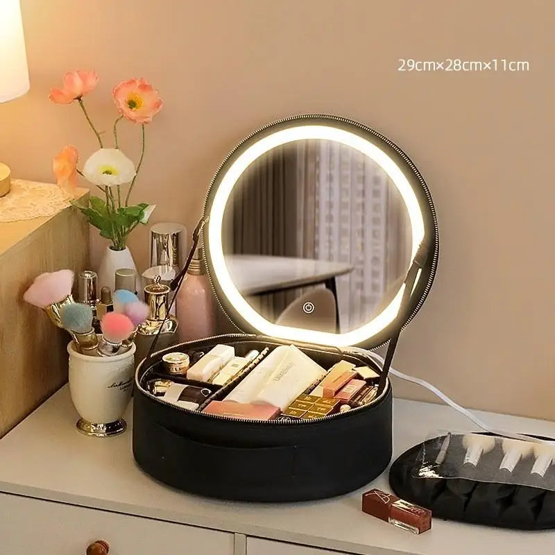 Smart LED Makeup Bag with Mirror – Large Capacity Travel Cosmetic Organizer