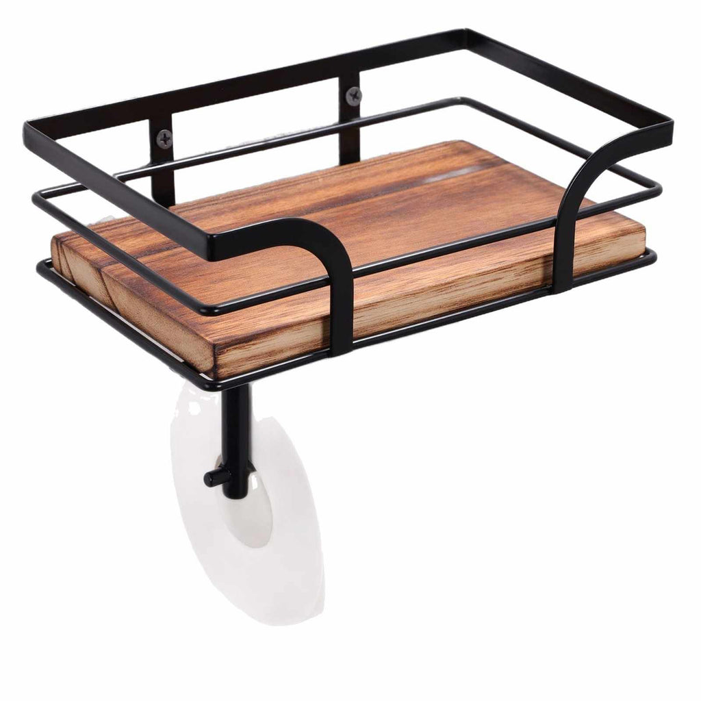 Solid Wood Iron Tissue Holder Bathroom Toilet Storage Rack