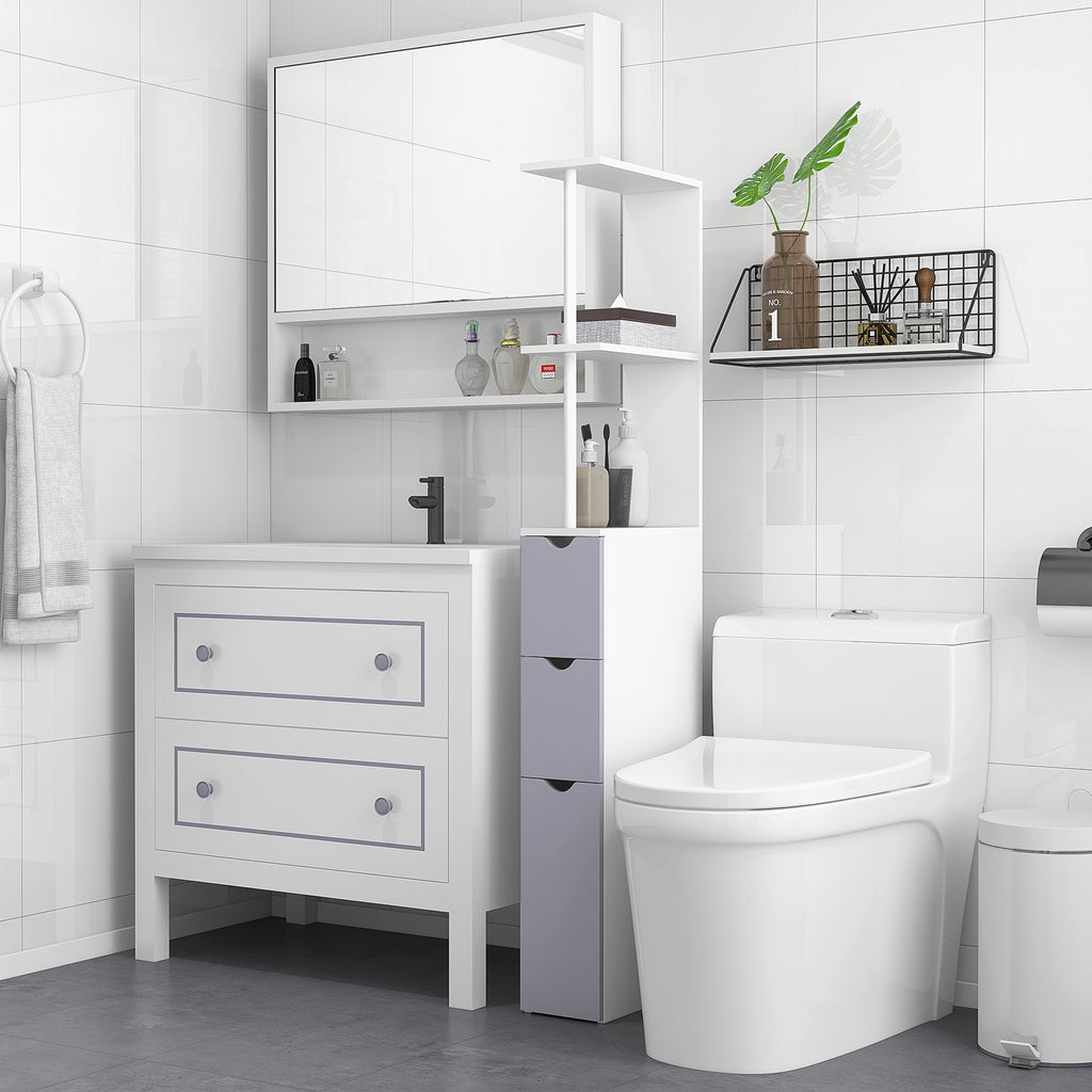 54” Tall Bathroom Storage Cabinet – Freestanding Linen Tower with Shelves & Drawers (White)
