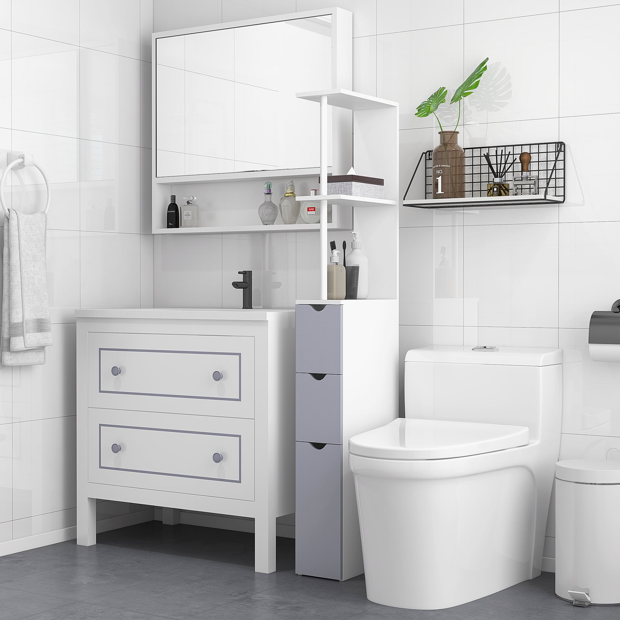 54” Tall Bathroom Storage Cabinet – Freestanding Linen Tower with Shelves & Drawers (White)