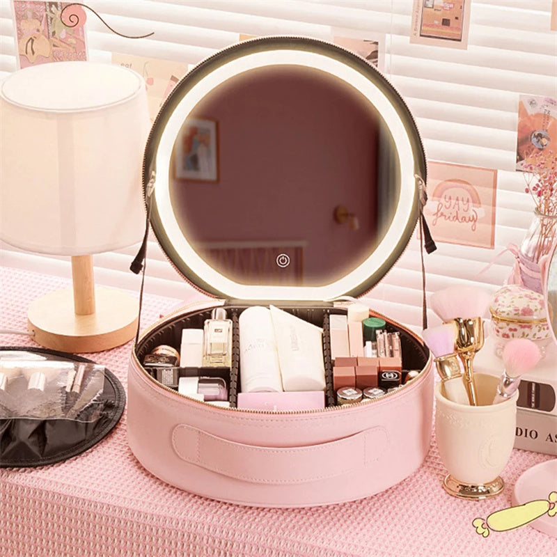 Smart LED Makeup Bag with Mirror – Large Capacity Travel Cosmetic Organizer