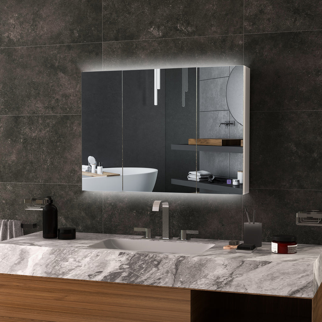 Bathroom Mirror Cabinet with Light, Bathroom Storage Cupboard with USB Charge, Adjustable Shelf, 35.5"W x 25.5"H, White