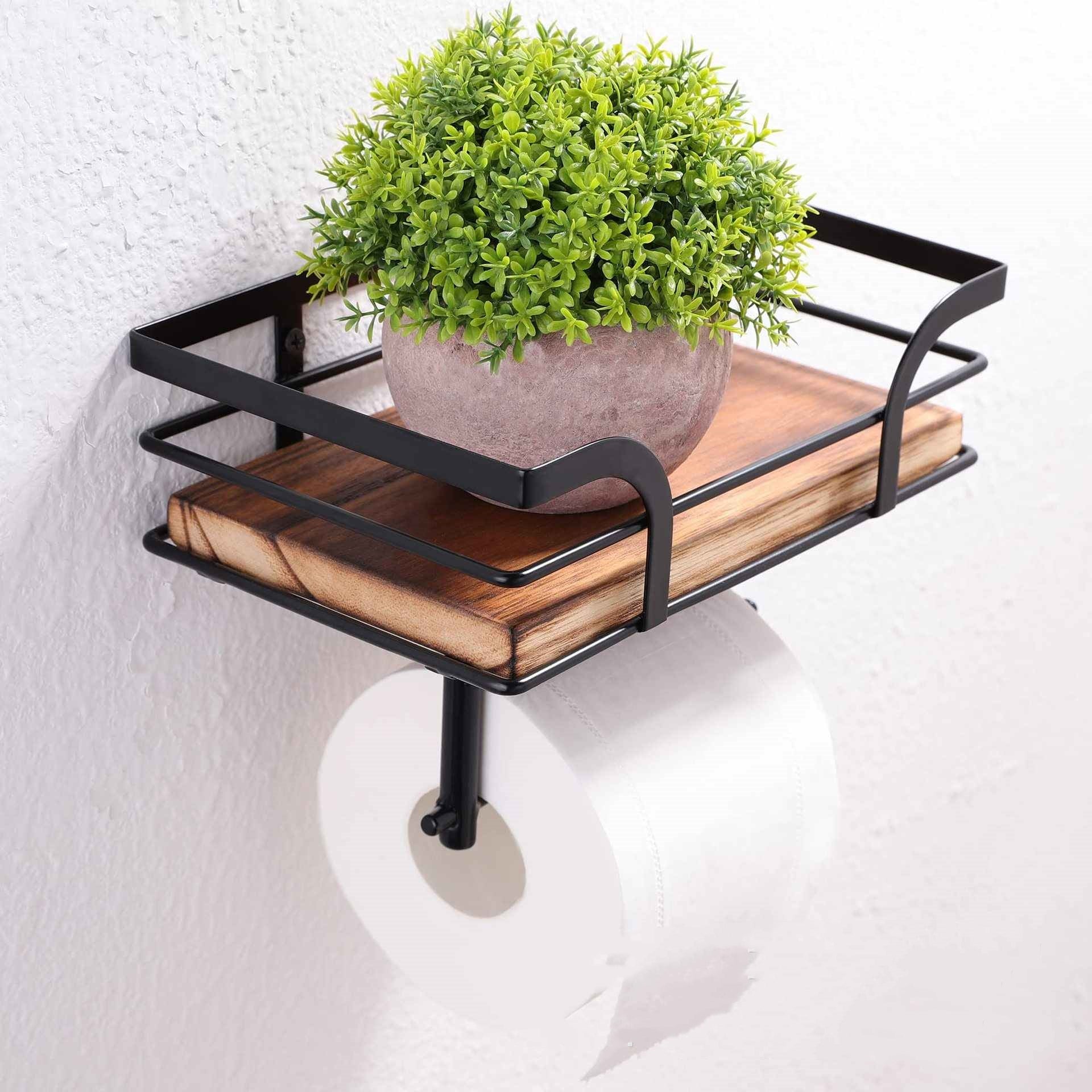 Solid Wood Iron Tissue Holder Bathroom Toilet Storage Rack