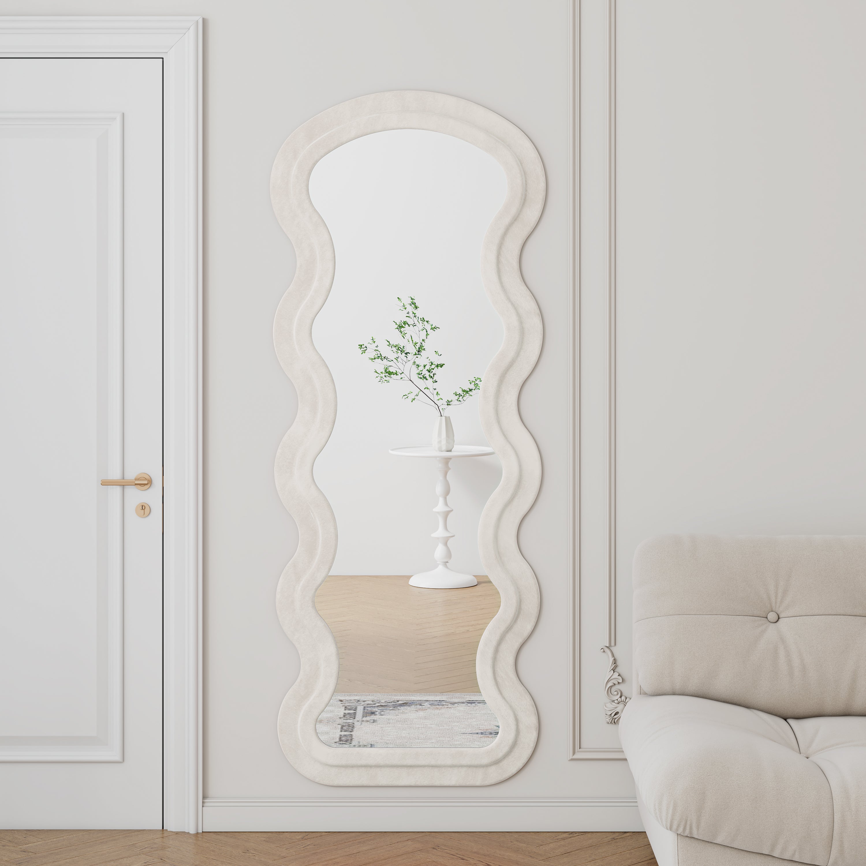 Flannel Full Length Wave  Floor Mirror  For Bedroom Living Room Hanging Or Against The Wall  White