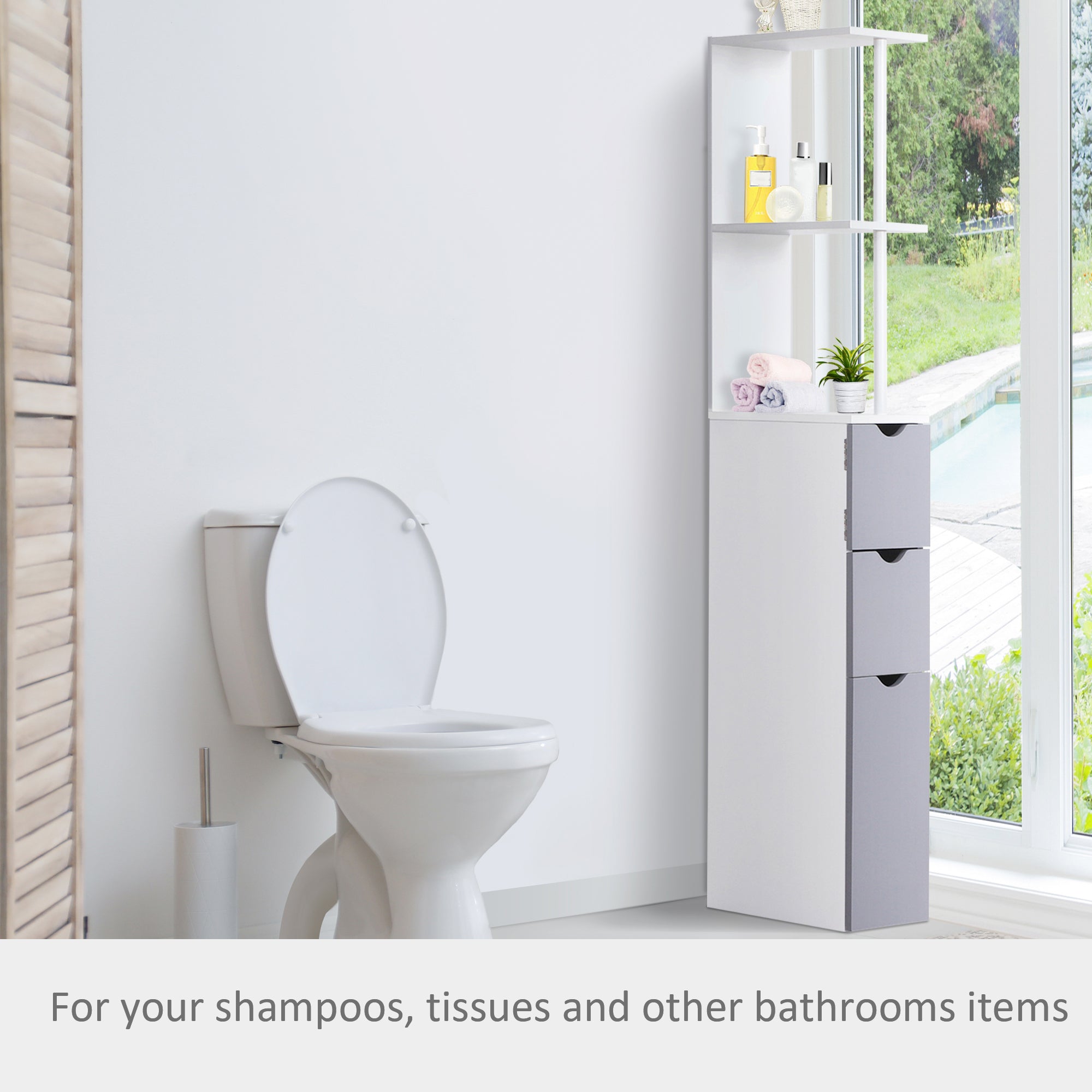 54” Tall Bathroom Storage Cabinet – Freestanding Linen Tower with Shelves & Drawers (White)