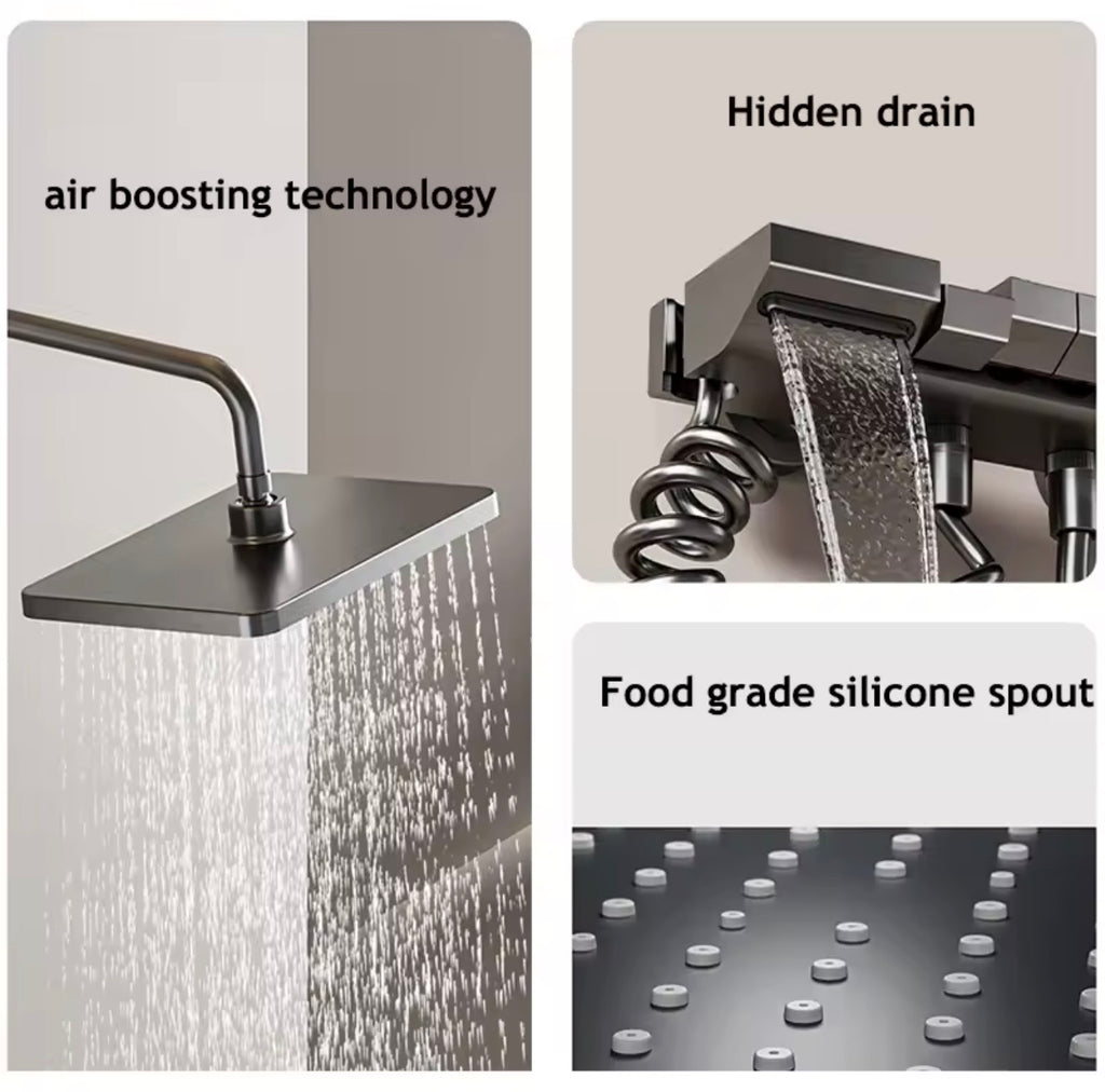 Grey Digital Display Rainfall Shower System Set Piano Button Control Bathroom Shower Set