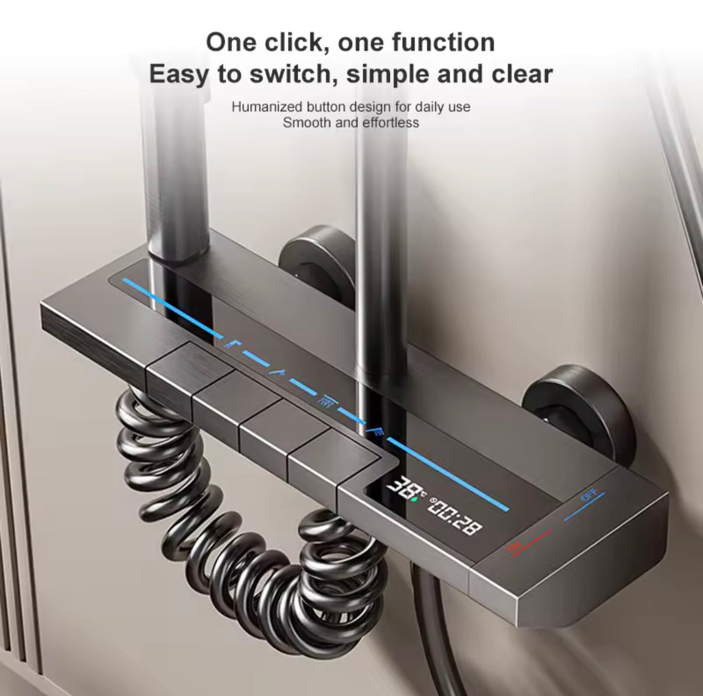 Grey Digital Display Rainfall Shower System Set Piano Button Control Bathroom Shower Set