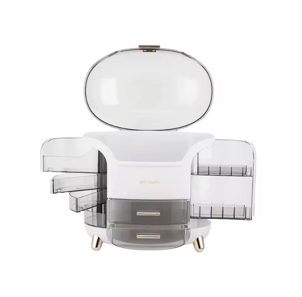 Stylish Makeup Storage Box with Drawers & Rotating Brush Holders – Large Capacity Organizer (White)