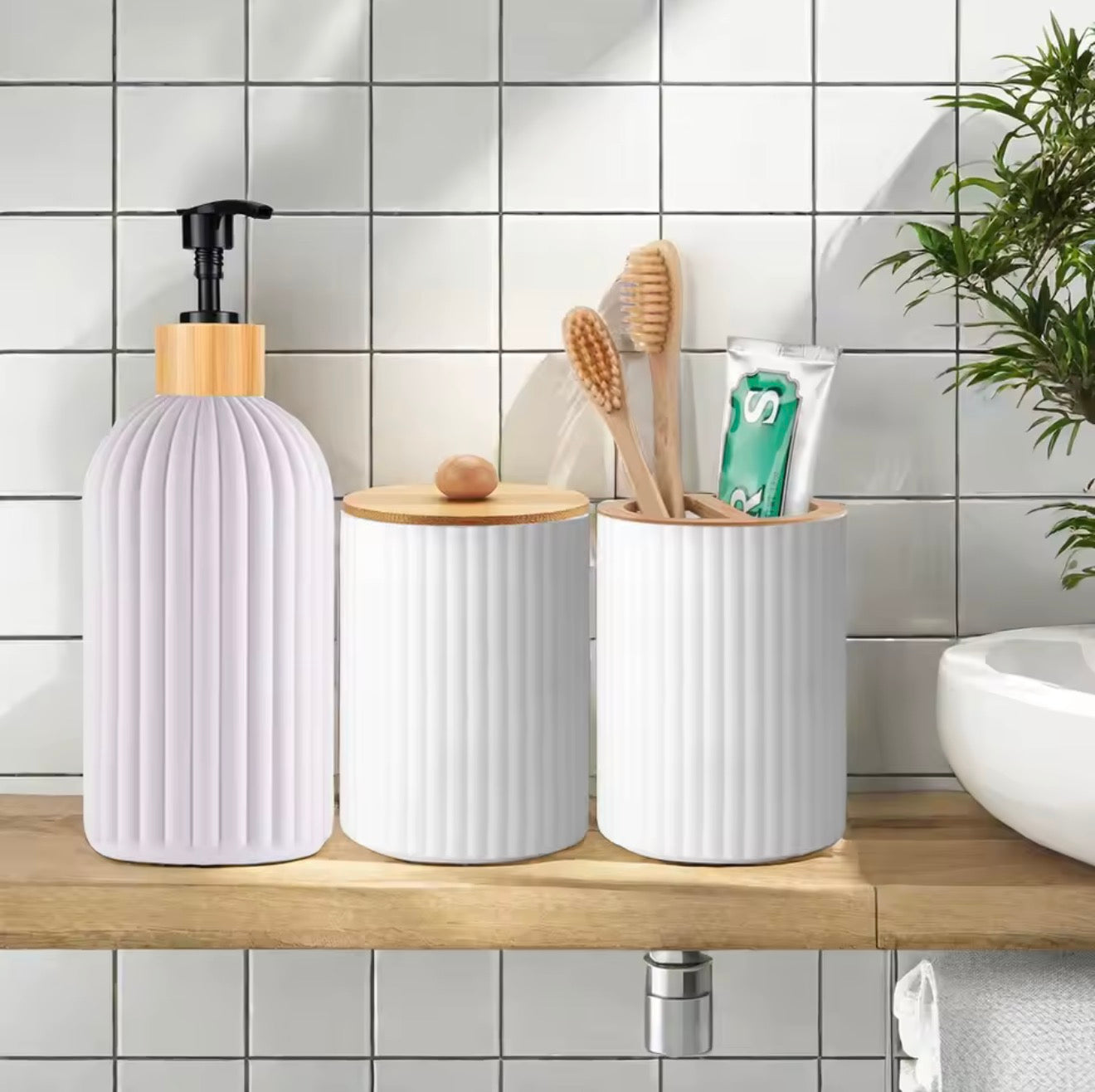 Bathroom Countertop Organizer Set – Soap Dispenser, Cotton Storage & Toothbrush Holder