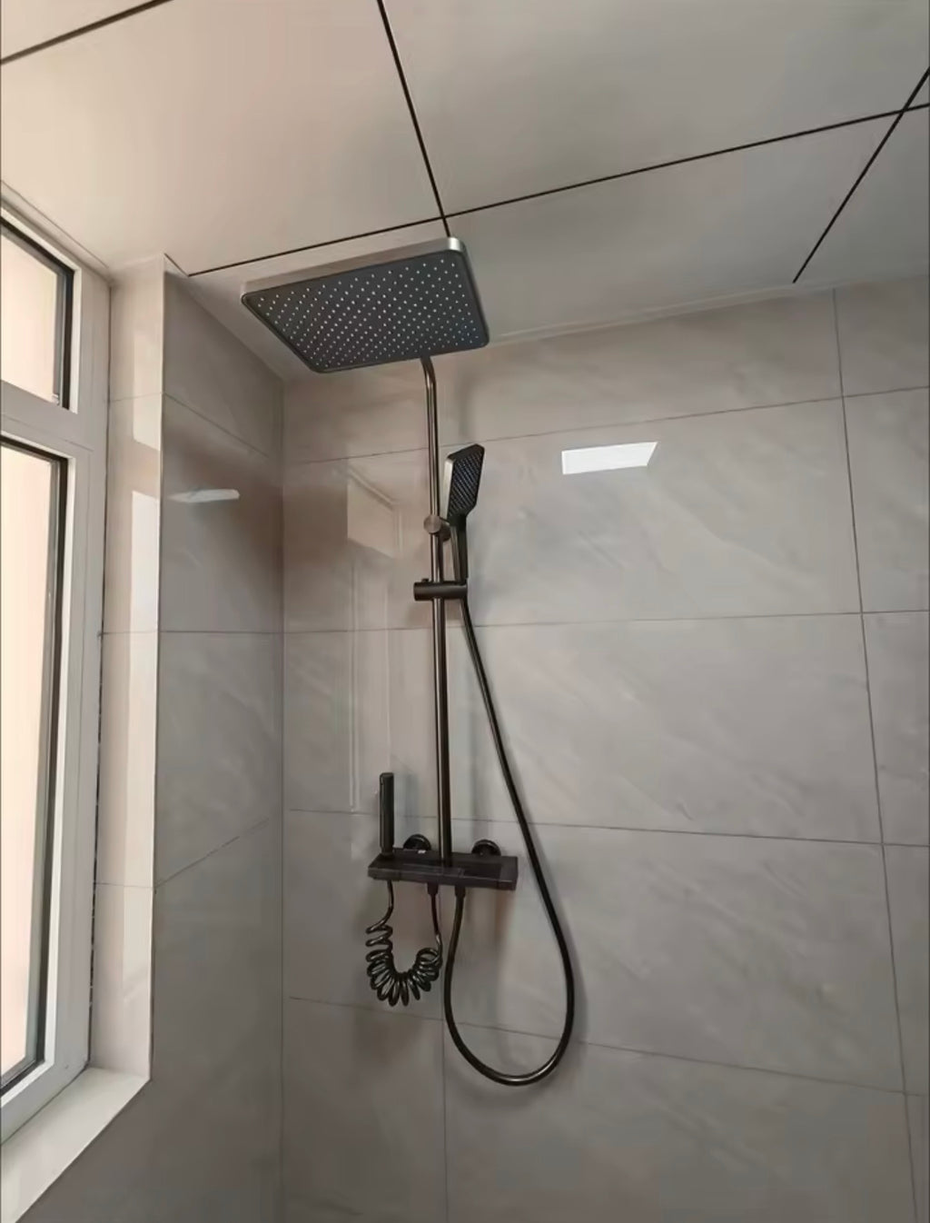 Grey Digital Display Rainfall Shower System Set Piano Button Control Bathroom Shower Set