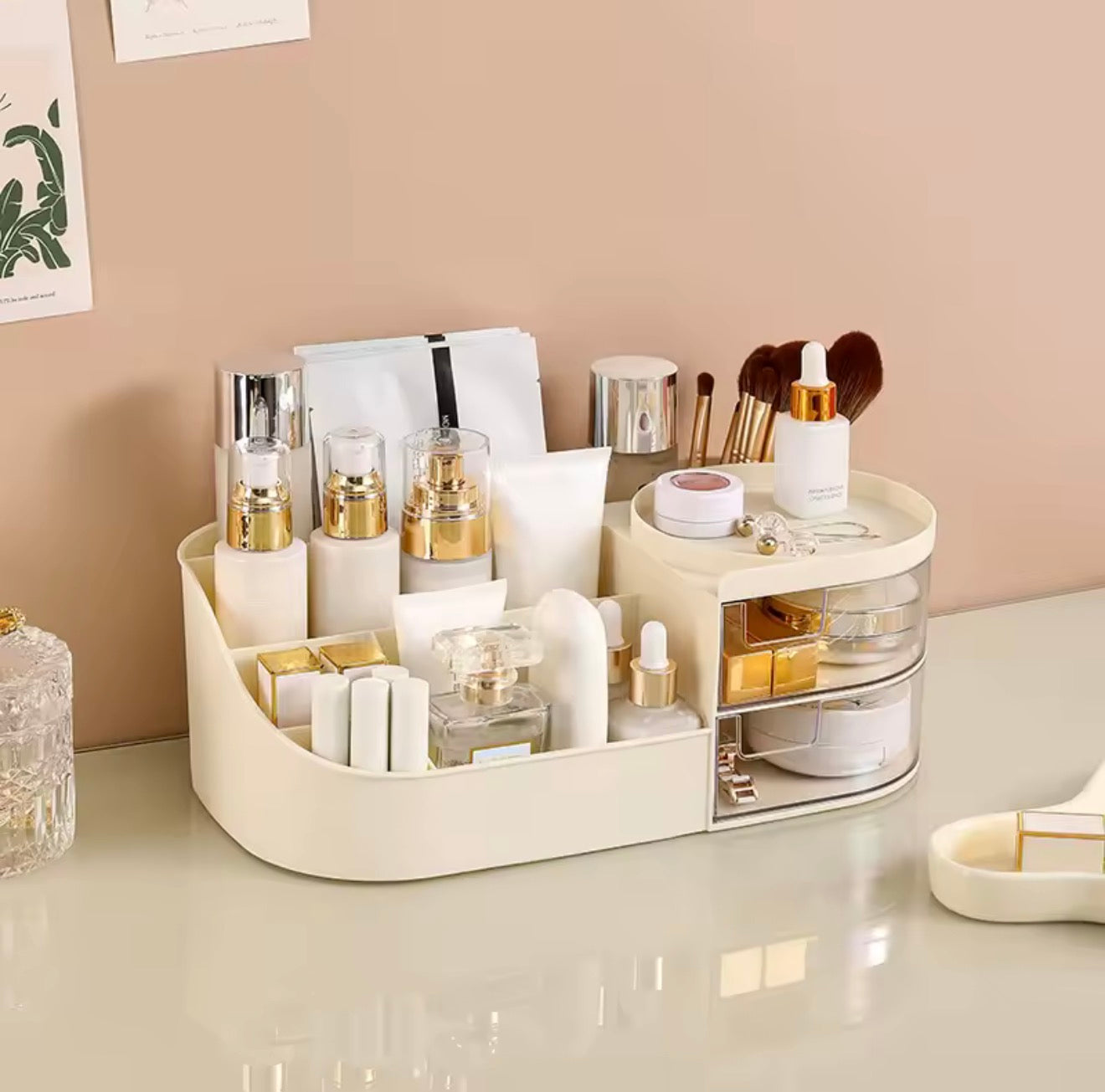 Table Makeup Storage Box Cosmetic Organizer with Drawers & Mirror Options