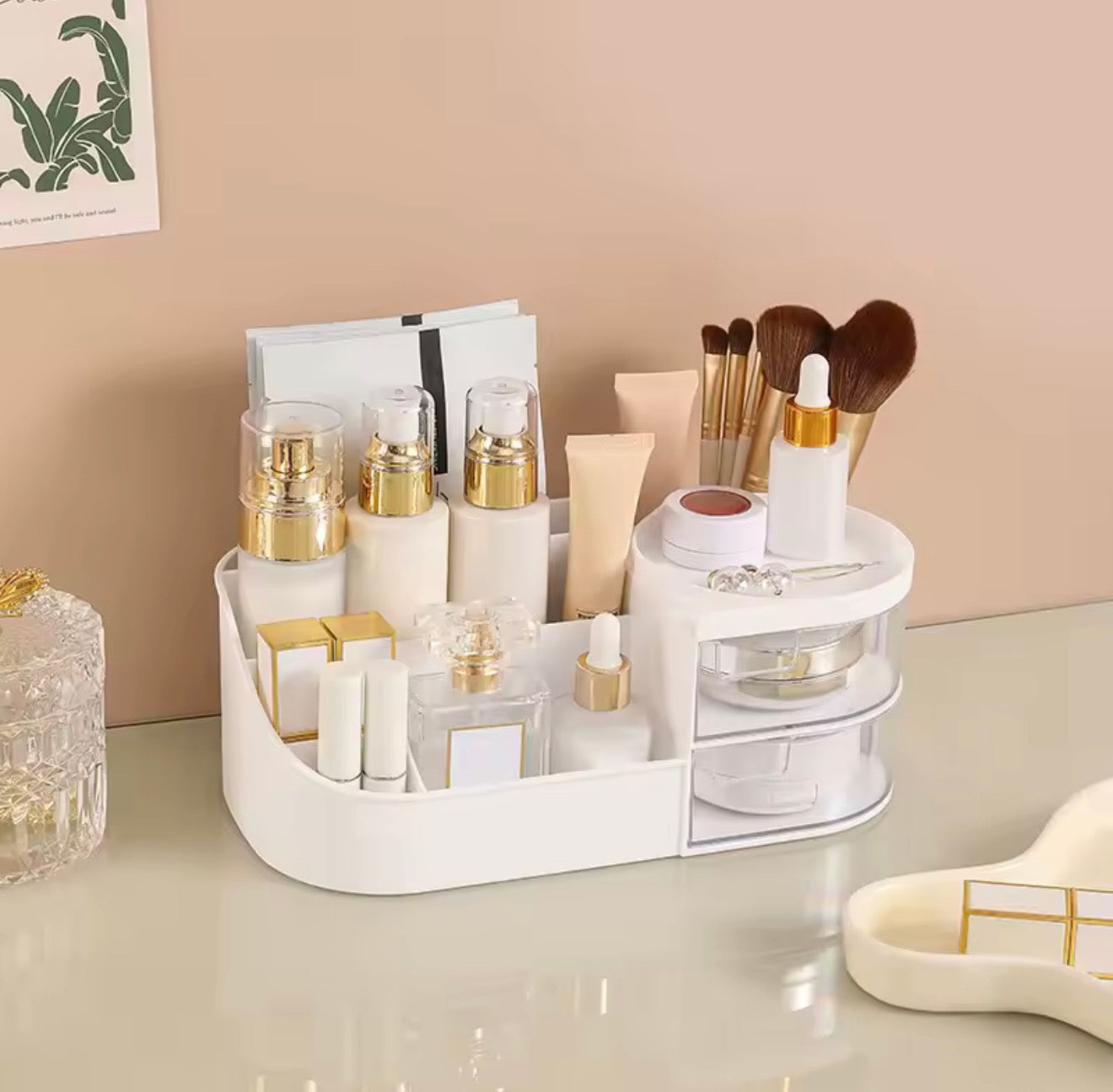 Table Makeup Storage Box Cosmetic Organizer with Drawers & Mirror Options
