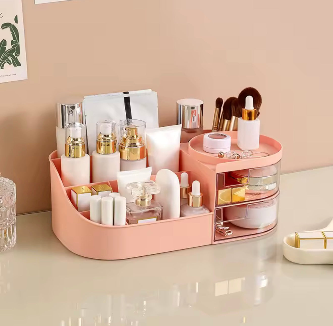 Table Makeup Storage Box Cosmetic Organizer with Drawers & Mirror Options