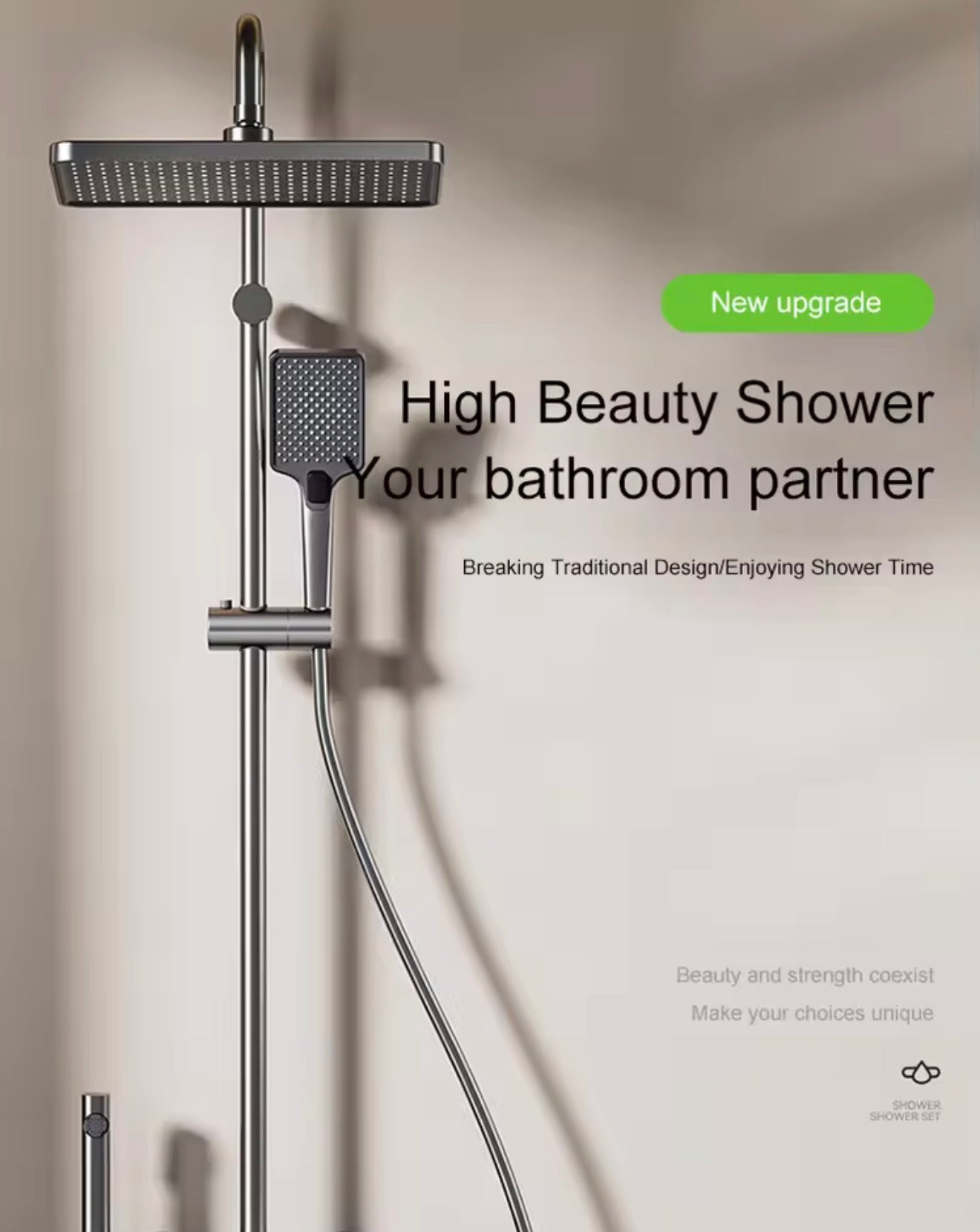 Grey Digital Display Rainfall Shower System Set Piano Button Control Bathroom Shower Set