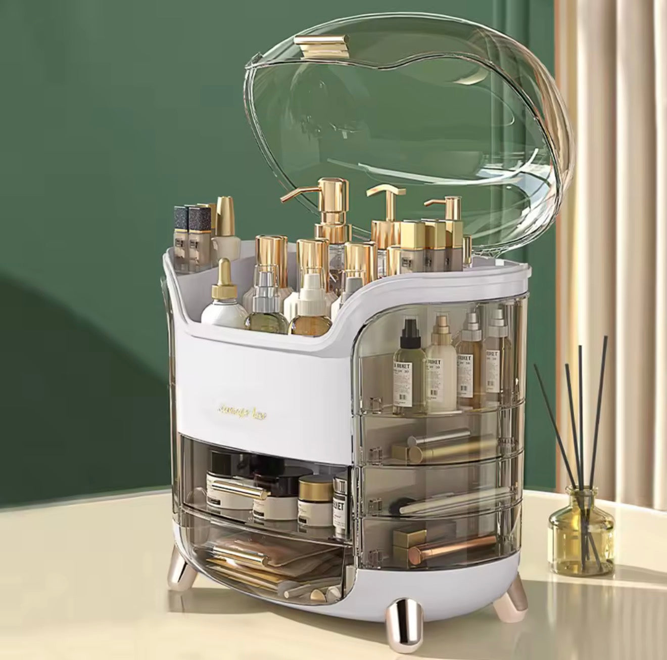 Stylish Makeup Storage Box with Drawers & Rotating Brush Holders – Large Capacity Organizer (White)