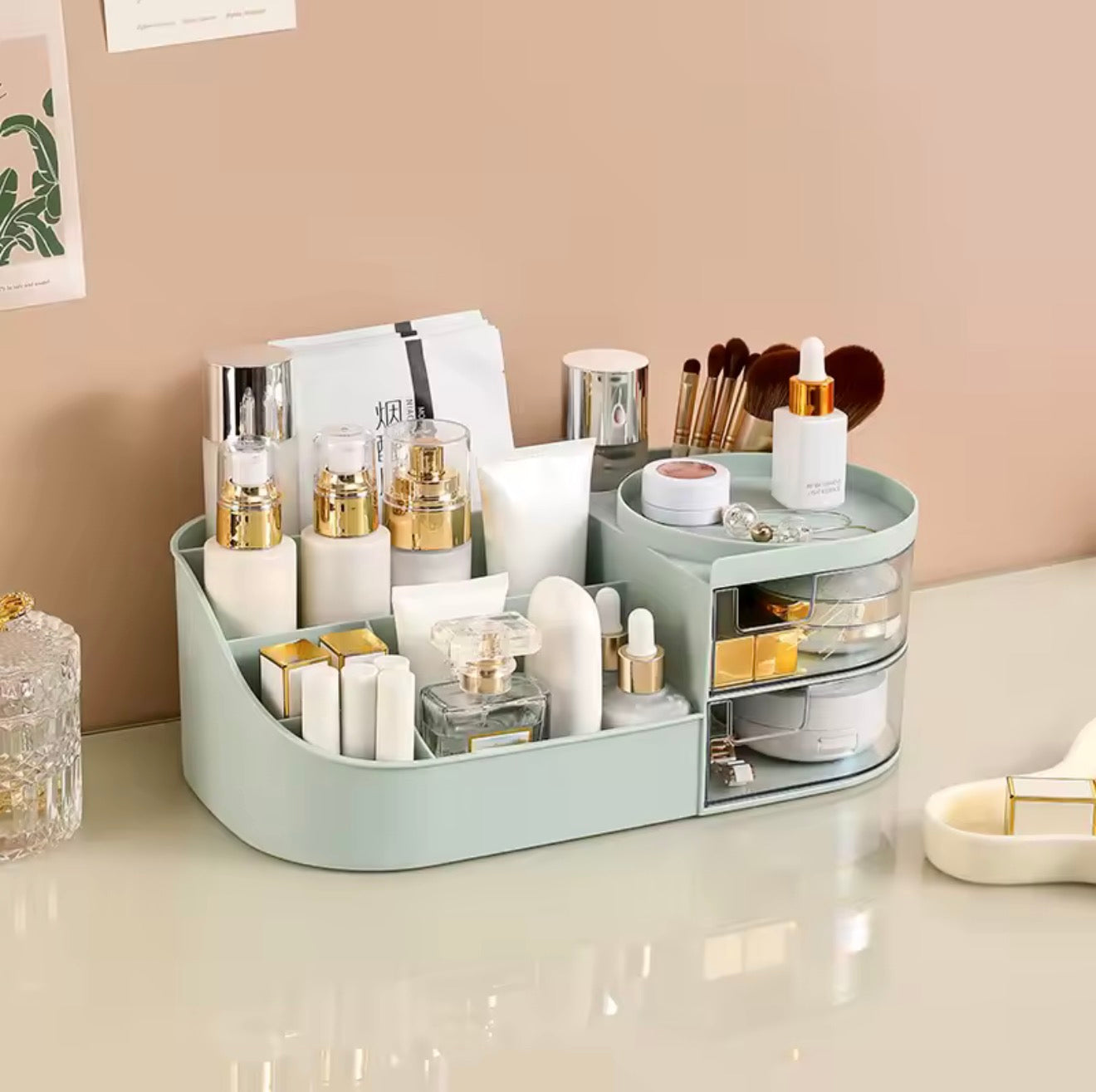 Table Makeup Storage Box Cosmetic Organizer with Drawers & Mirror Options