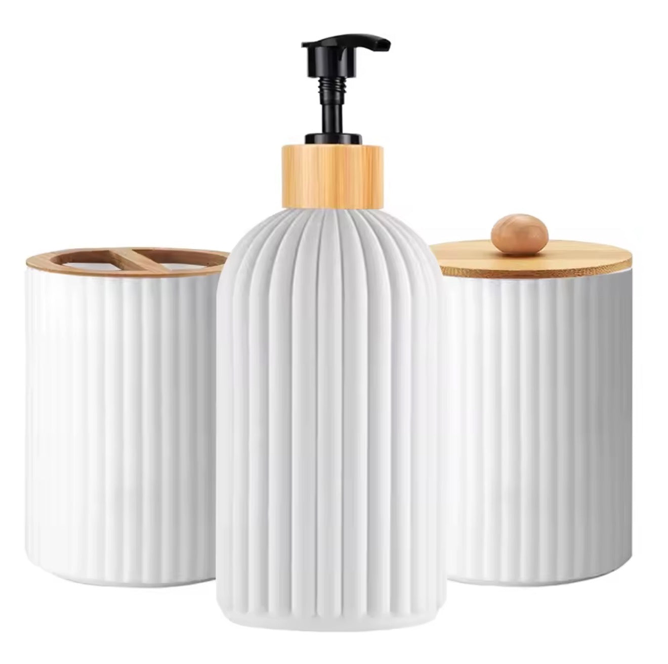Bathroom Countertop Organizer Set – Soap Dispenser, Cotton Storage & Toothbrush Holder