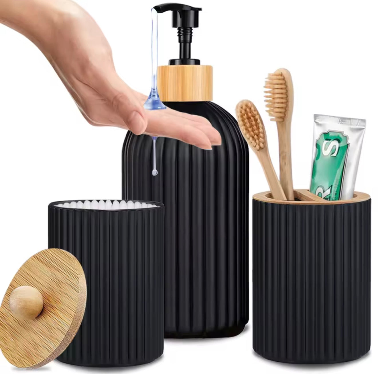 Bathroom Countertop Organizer Set – Soap Dispenser, Cotton Storage & Toothbrush Holder
