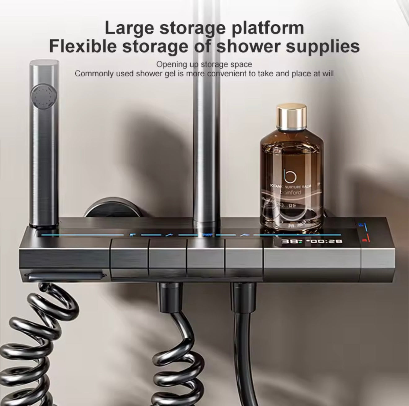 Grey Digital Display Rainfall Shower System Set Piano Button Control Bathroom Shower Set