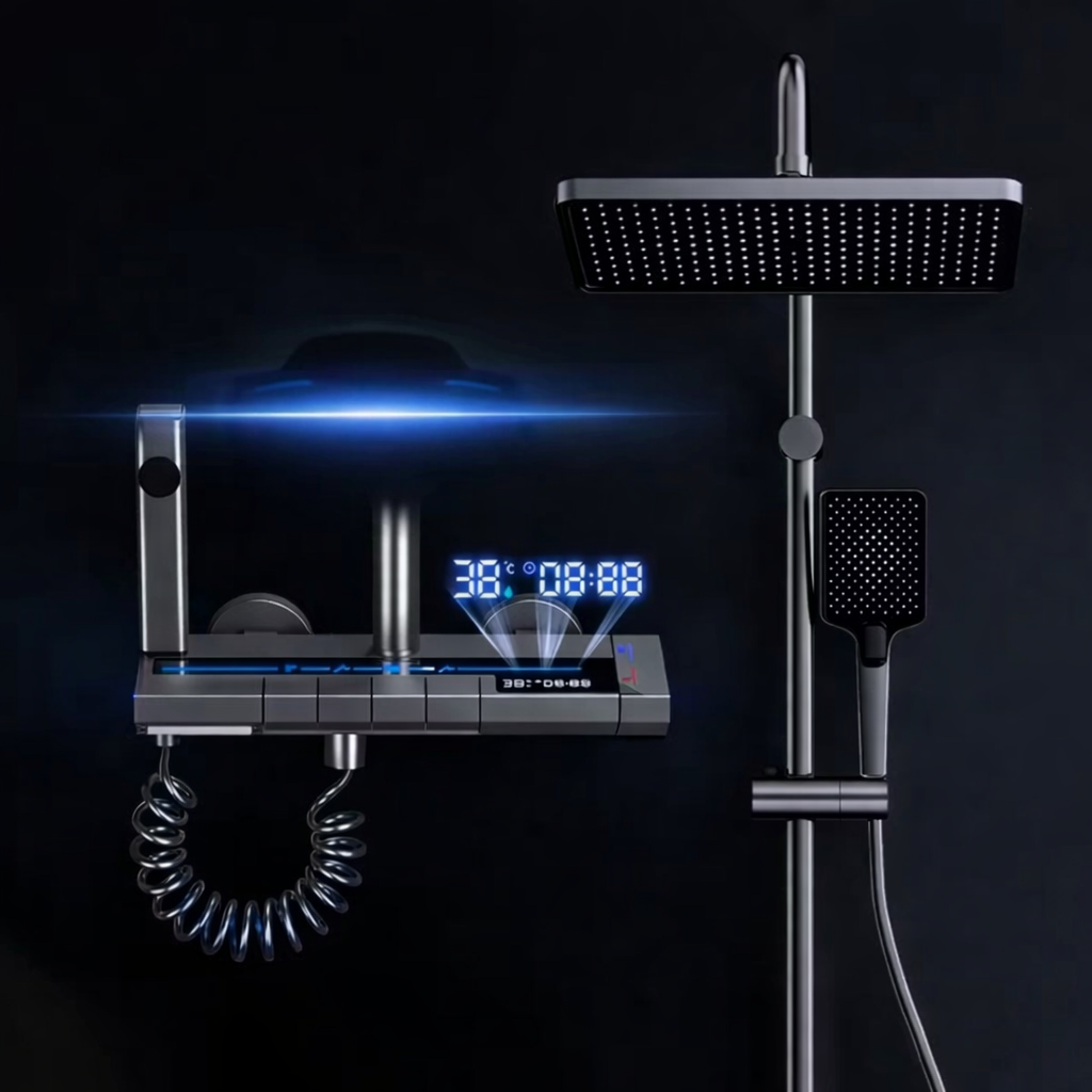 Grey Digital Display Rainfall Shower System Set Piano Button Control Bathroom Shower Set