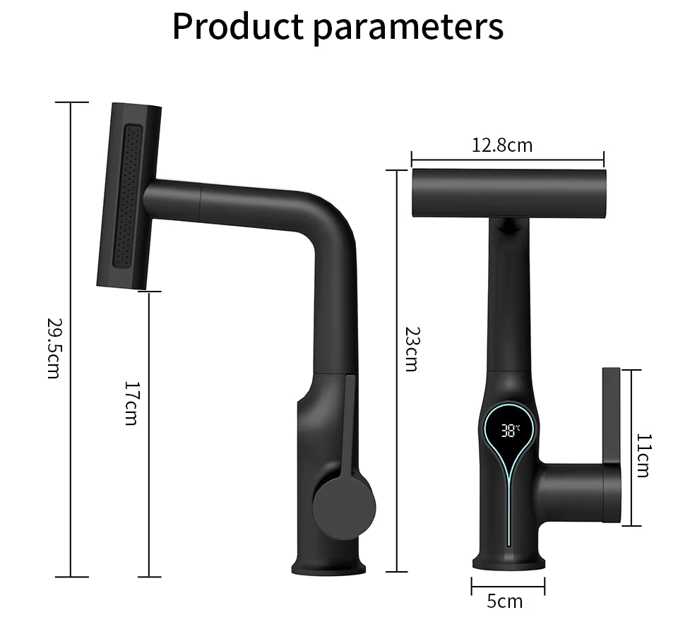 Waterfall Temperature Digital Display Basin Faucet Lift Up Down Stream Sprayer Hot Cold Water Sink Mixer Wash Tap For Bathroom