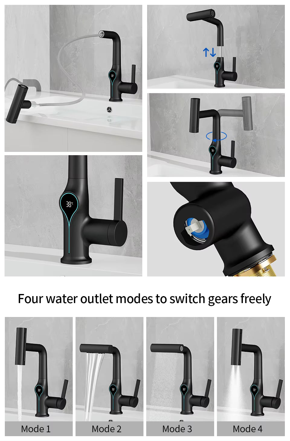 Waterfall Temperature Digital Display Basin Faucet Lift Up Down Stream Sprayer Hot Cold Water Sink Mixer Wash Tap For Bathroom