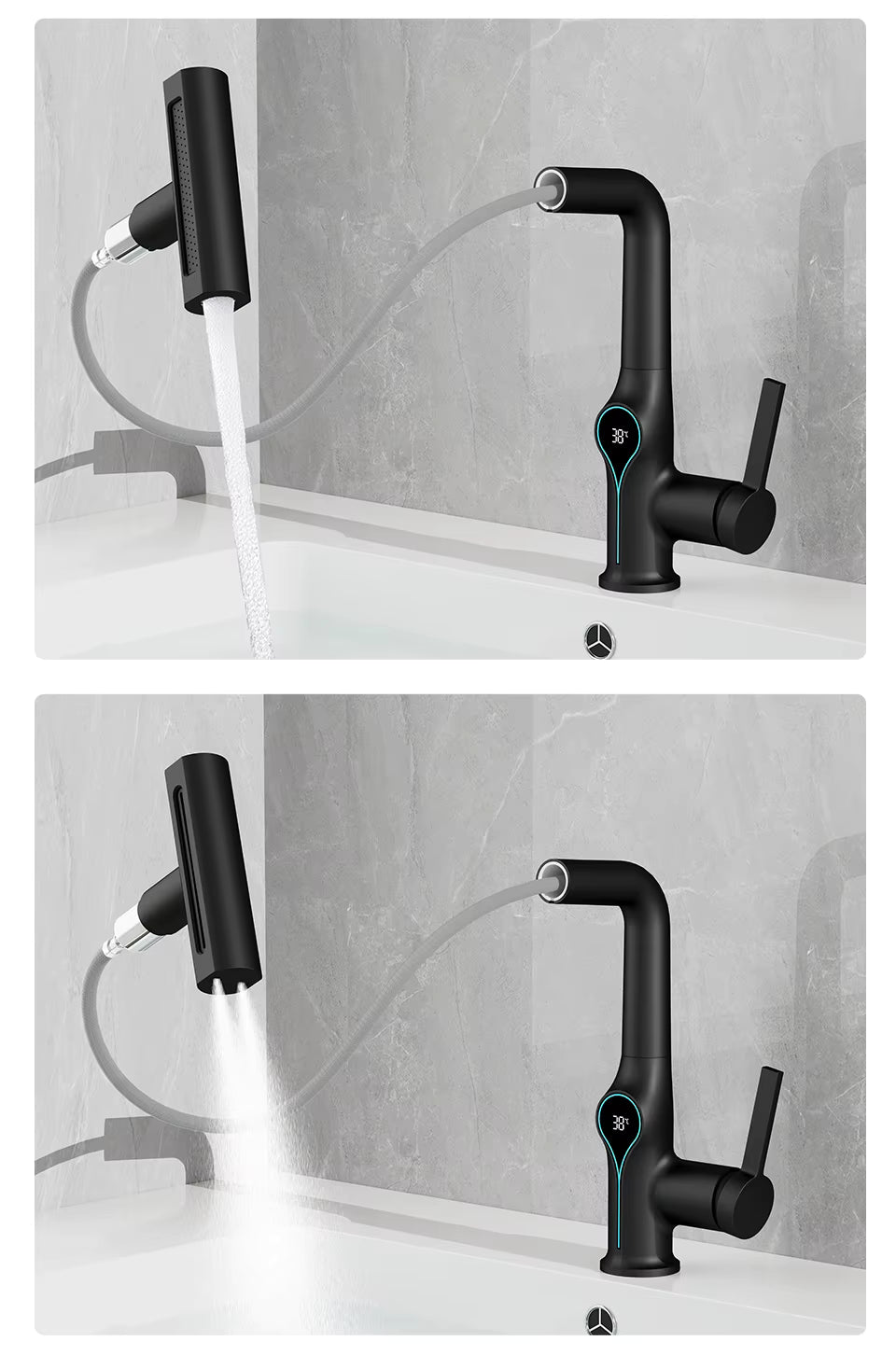 Waterfall Temperature Digital Display Basin Faucet Lift Up Down Stream Sprayer Hot Cold Water Sink Mixer Wash Tap For Bathroom
