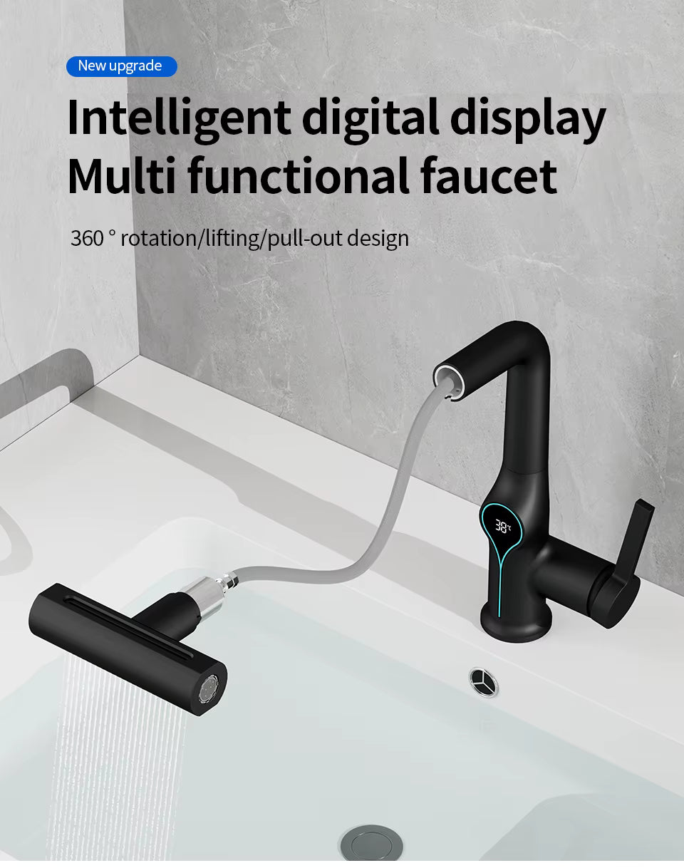 Waterfall Temperature Digital Display Basin Faucet Lift Up Down Stream Sprayer Hot Cold Water Sink Mixer Wash Tap For Bathroom