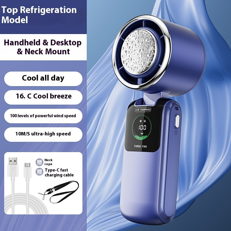 New Ice Pack High-Speed Handheld Eletirc Fan Speed Adjustable Folding Mini Fan Portable Outdoor Hanging Neck Small Fan