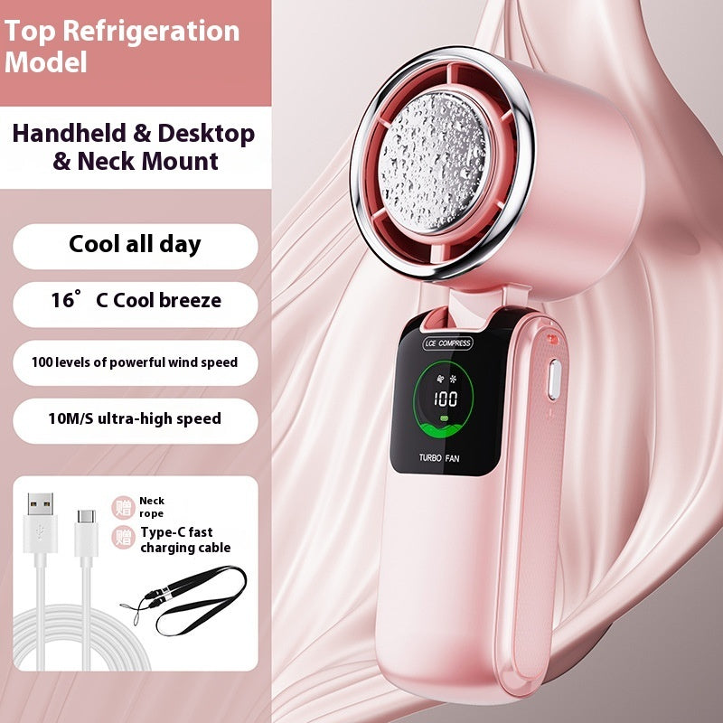 New Ice Pack High-Speed Handheld Eletirc Fan Speed Adjustable Folding Mini Fan Portable Outdoor Hanging Neck Small Fan