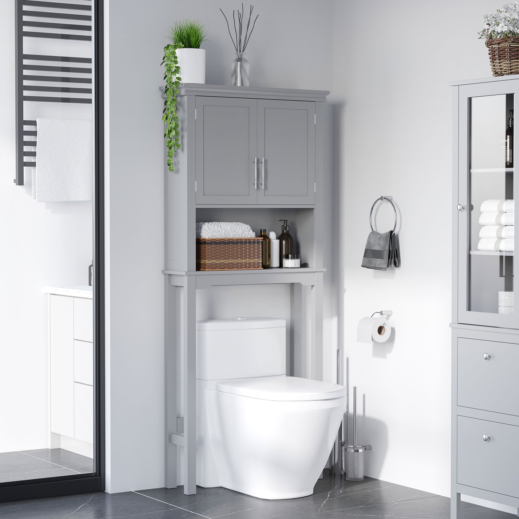 Modern Over-Toilet Storage Cabinet – Double Door Bathroom Organizer (Grey)