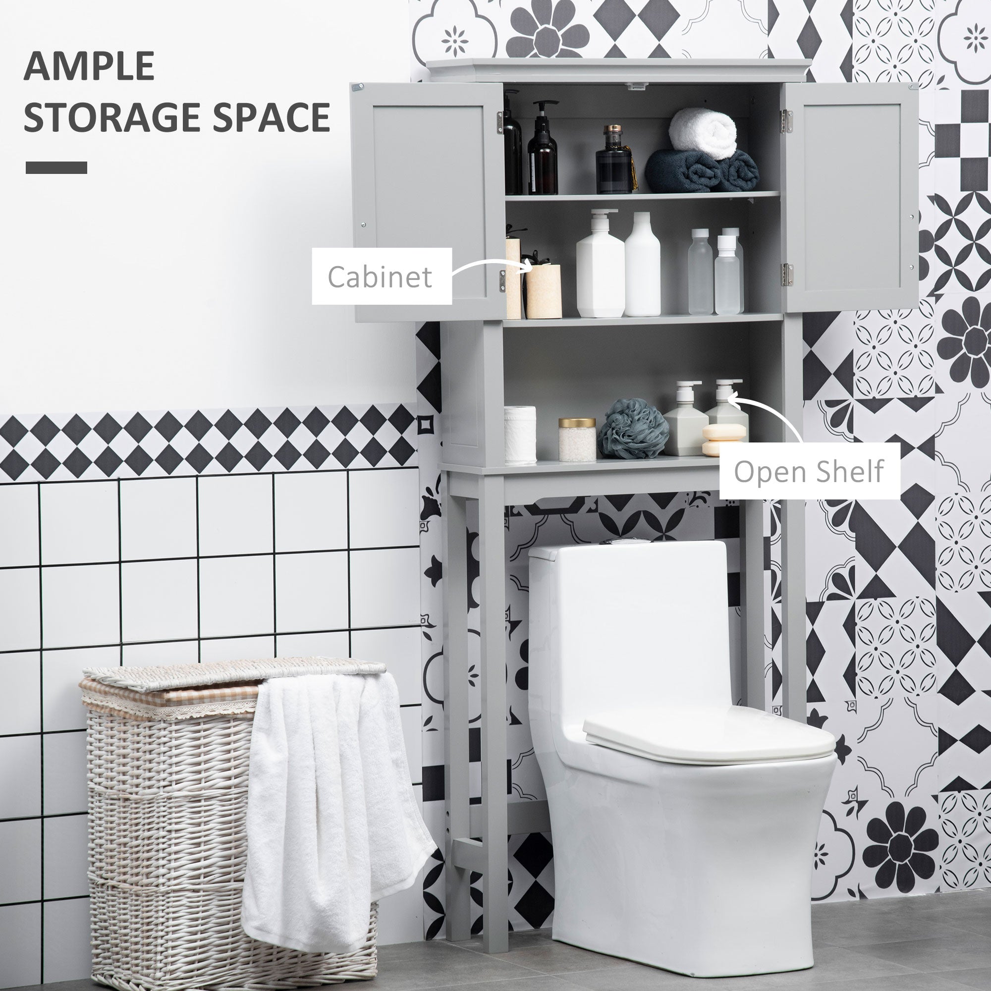 Modern Over-Toilet Storage Cabinet – Double Door Bathroom Organizer (Grey)