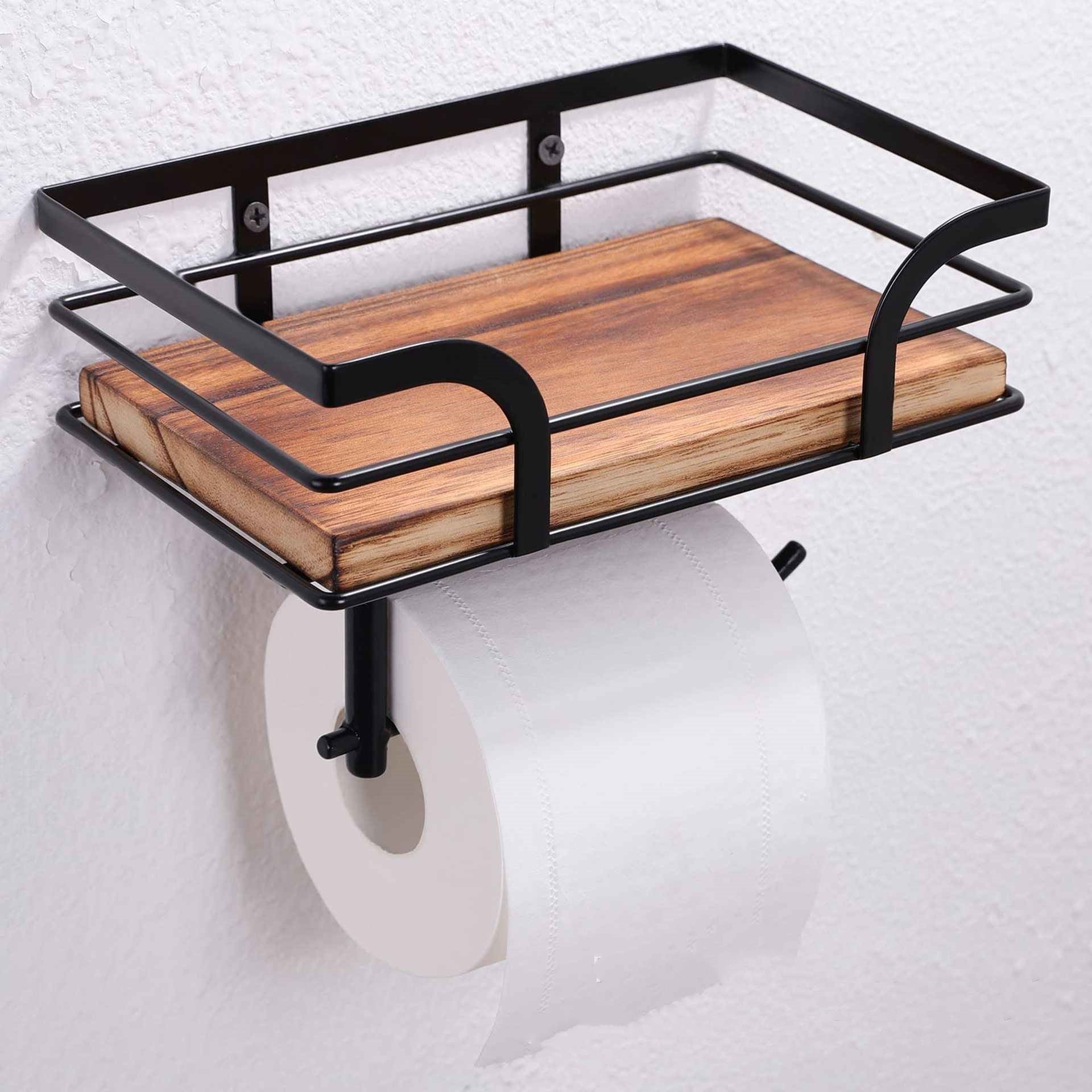 Solid Wood Iron Tissue Holder Bathroom Toilet Storage Rack
