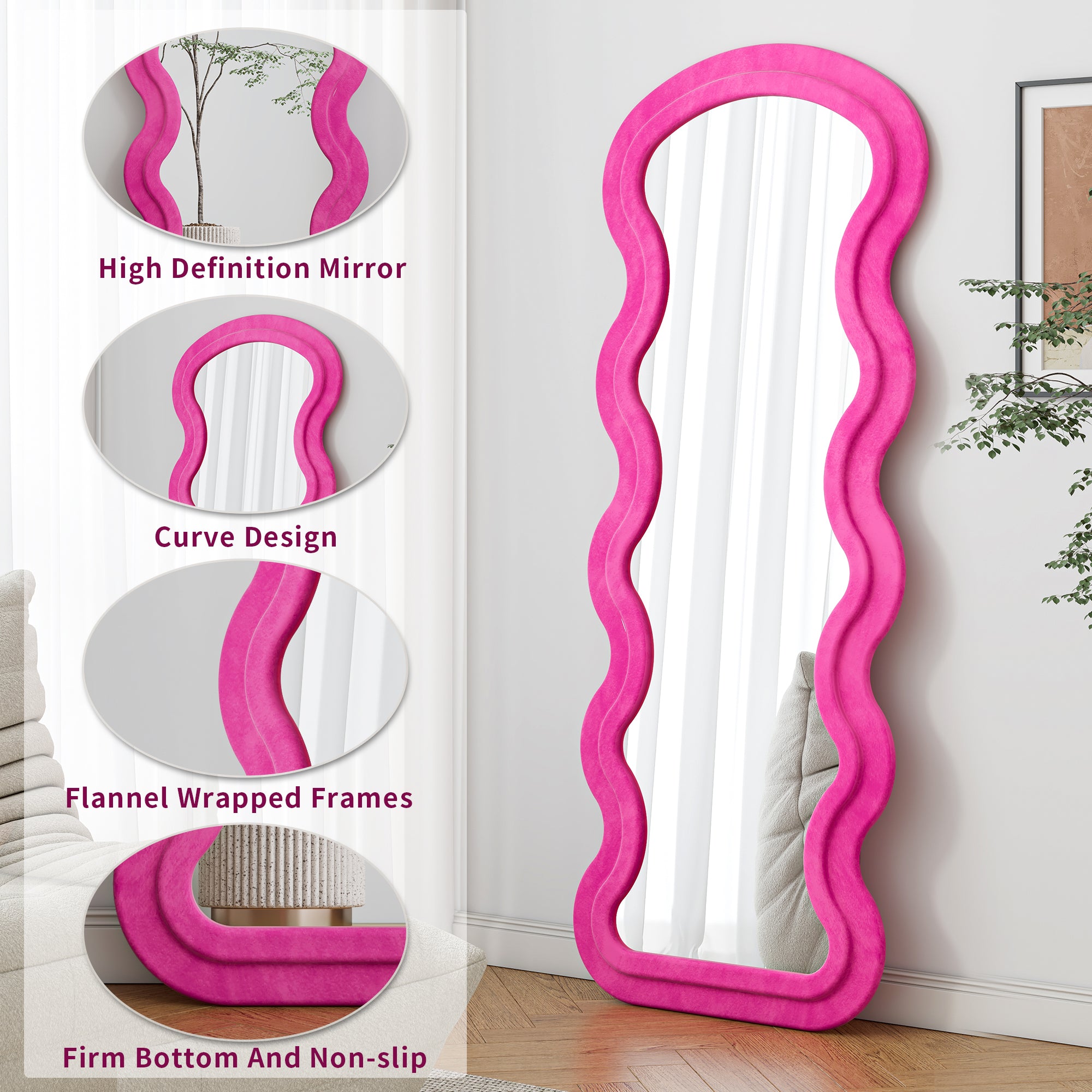 Flannel Full Length Wave Rose Floor Mirror  For Bedroom Living Room Hanging Or Against The Wall