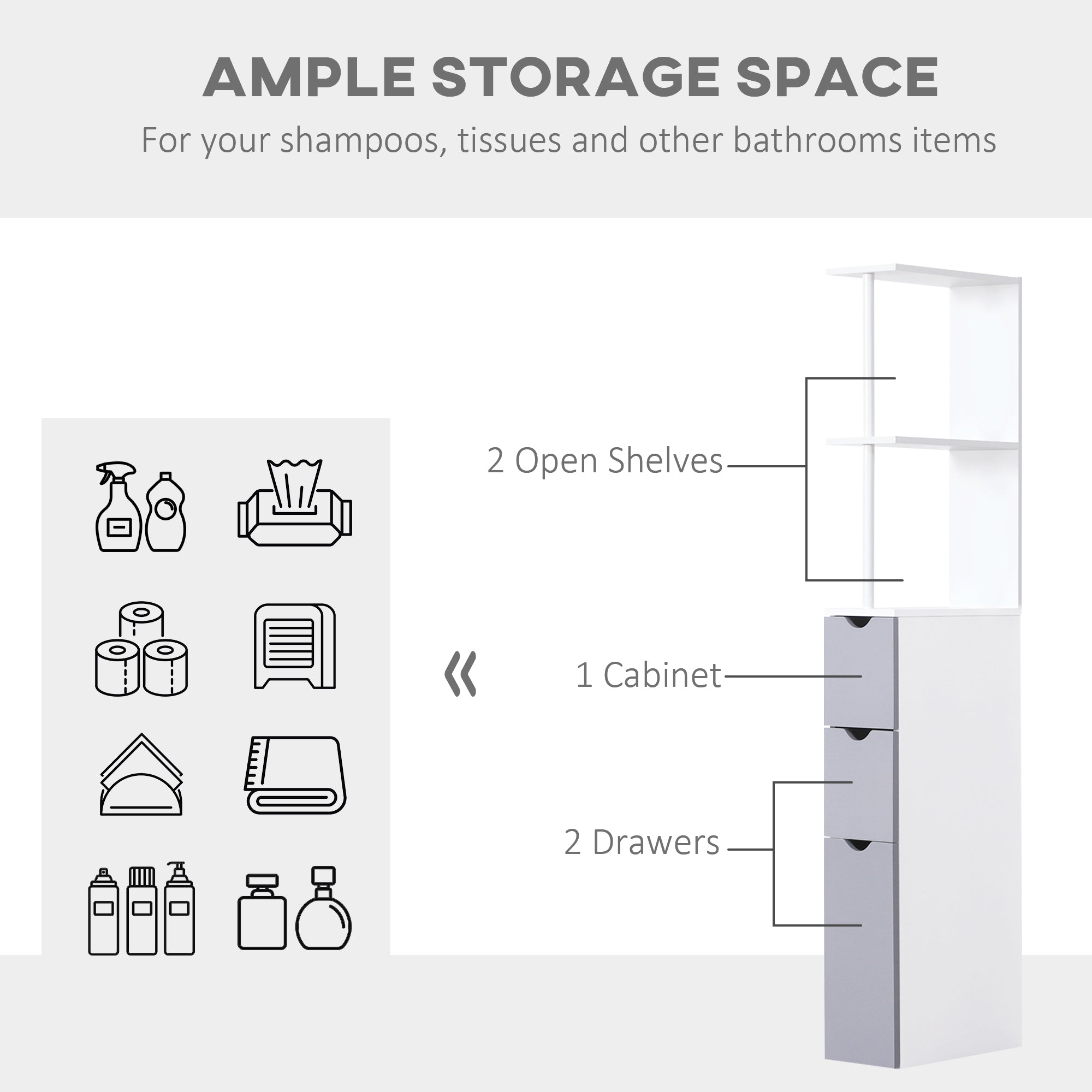 54” Tall Bathroom Storage Cabinet – Freestanding Linen Tower with Shelves & Drawers (White)